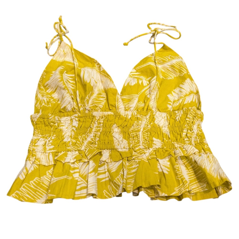 Sim & Sam Chartreuse Yellow Palm Print Smocked Cotton Peplum Crop Top Women's M